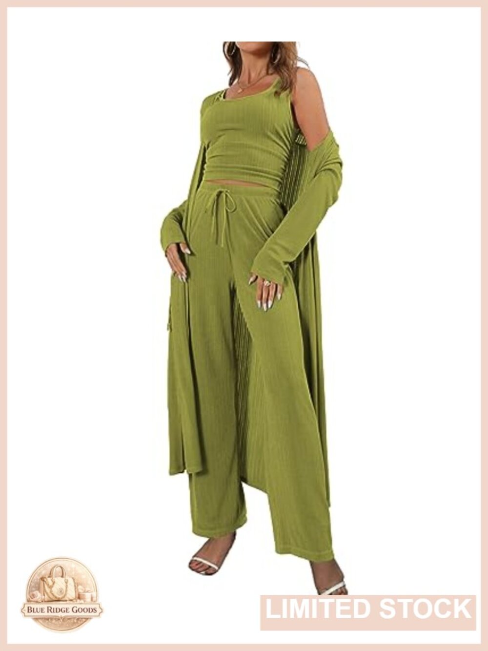Ribbed Knit 3 Piece Lounge Set Tank Cardigan Wide Leg Pants Travel Outfit